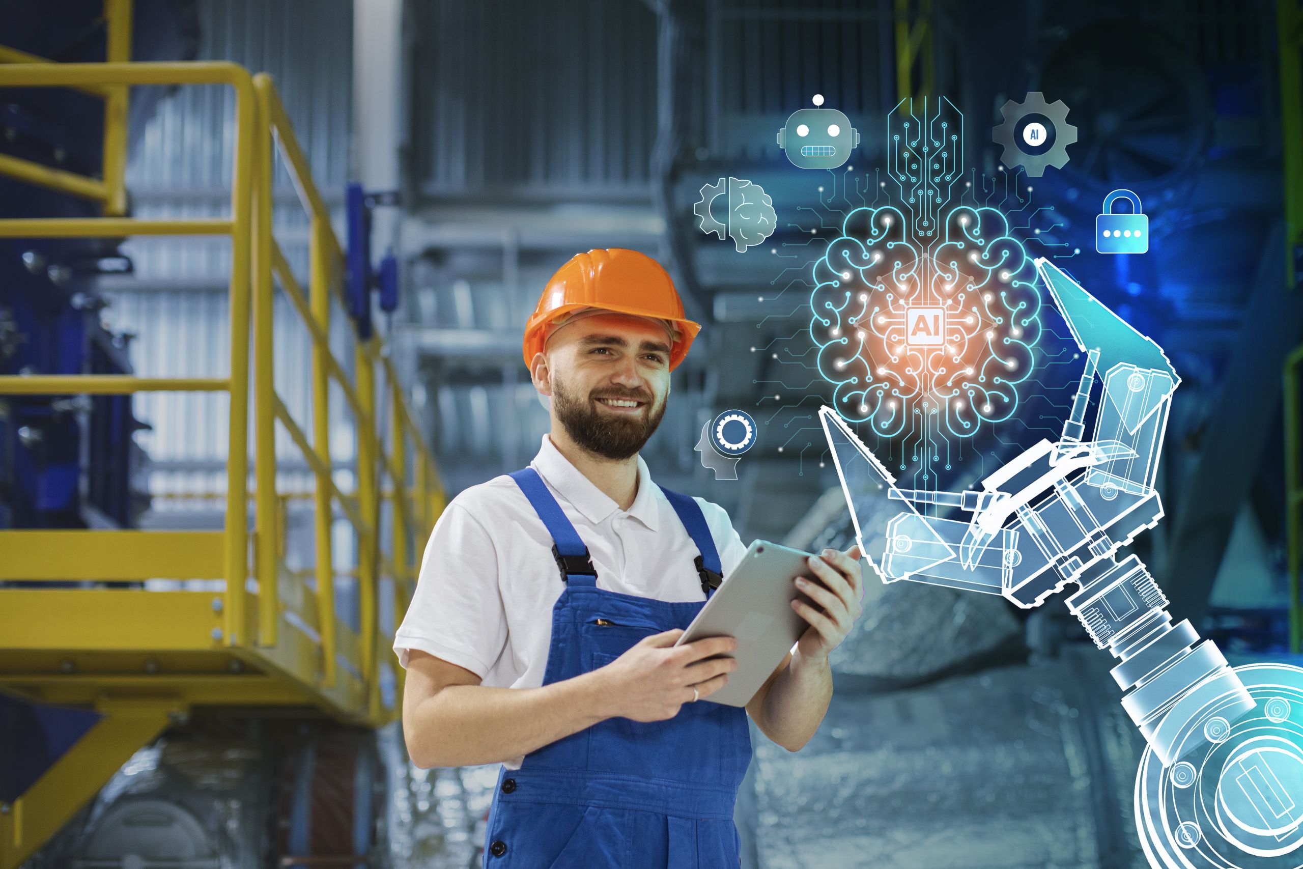 Trabalhador com capacete laranja, roupa azul e prancheta na mão ao lado de elementos gráficos de uma garra de máquina e símbolos de automação industrial.